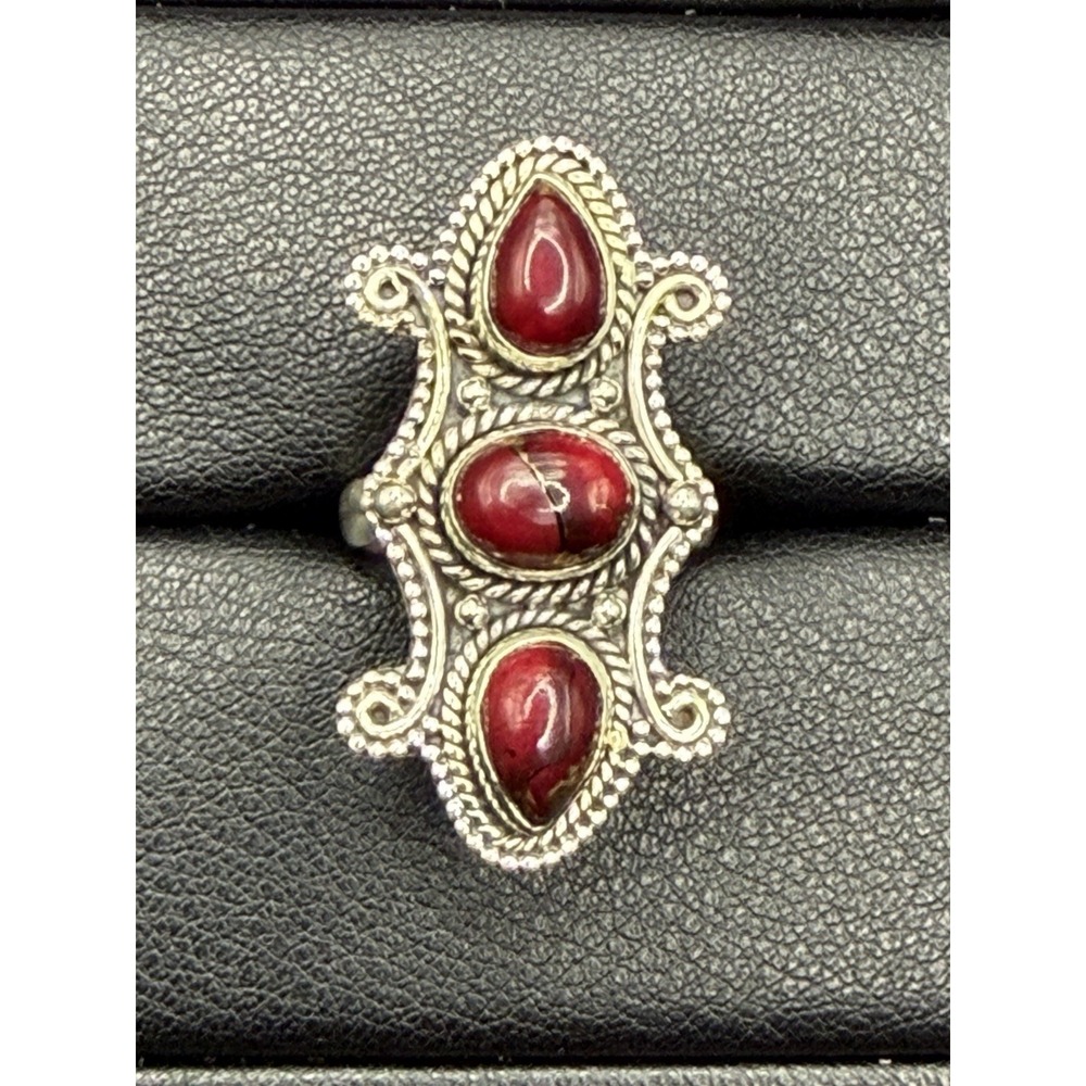 EUC Sterling Silver Red Dahlia Turquoise Ring Size 7 J23
